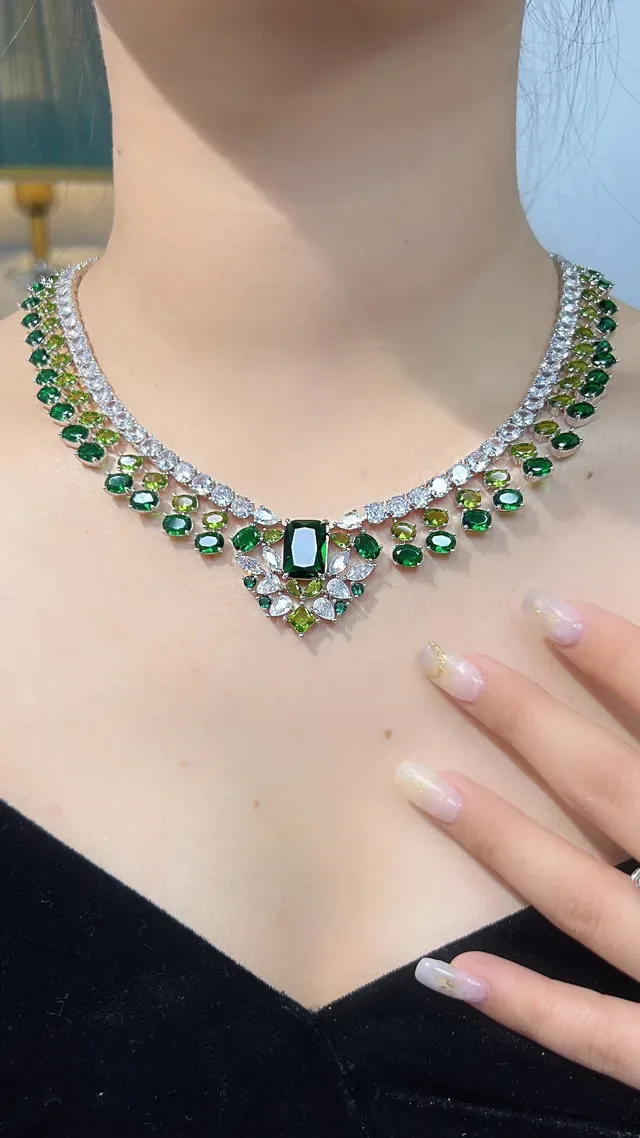Green and Clear Gemstone Multi-Row Collar Necklace 7