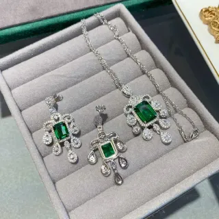 Green Silver Emerald-Cut Gemstone Pavé-Set White Stones Earrings