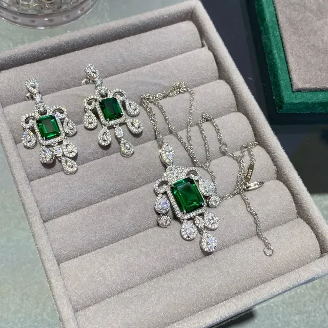 Green Silver Emerald-Cut Gemstone Pavé-Set White Stones Earrings 2