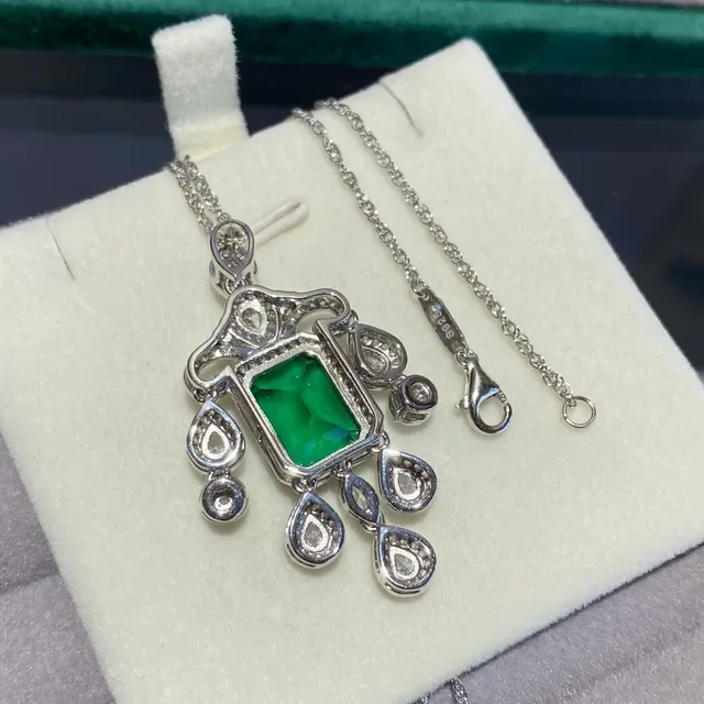 Green Silver Emerald-Cut Gemstone Pavé-Set White Stones Earrings 3