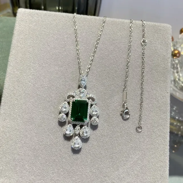Green Silver Emerald-Cut Gemstone Pavé-Set White Stones Earrings 4