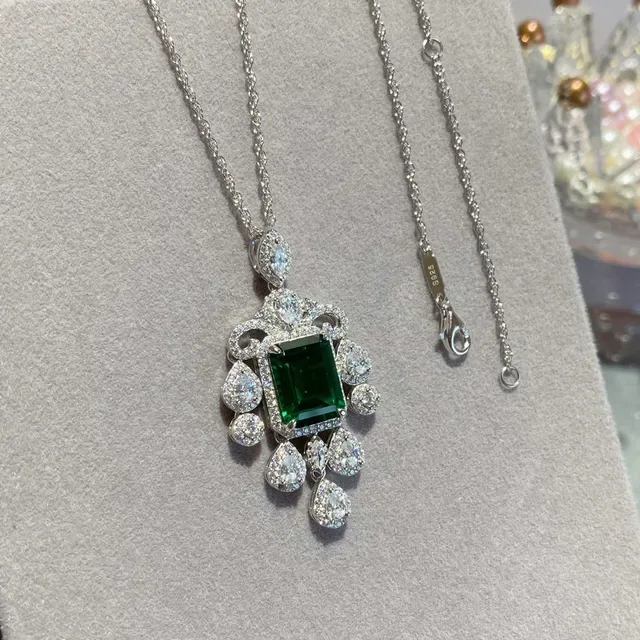 Green Silver Emerald-Cut Gemstone Pavé-Set White Stones Earrings 5