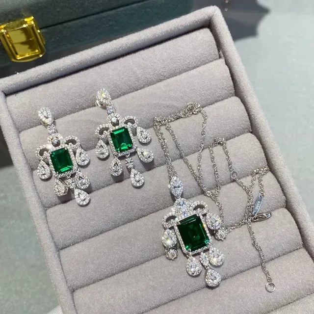 Green Silver Emerald-Cut Gemstone Pavé-Set White Stones Earrings 6