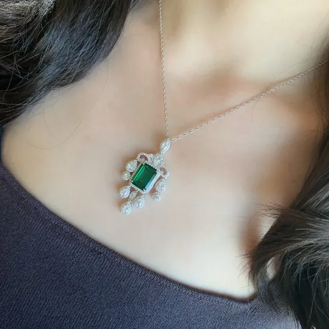 Green Silver Emerald-Cut Gemstone Pavé-Set White Stones Earrings 7