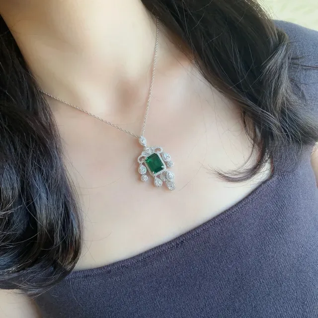 Green Silver Emerald-Cut Gemstone Pavé-Set White Stones Earrings 8