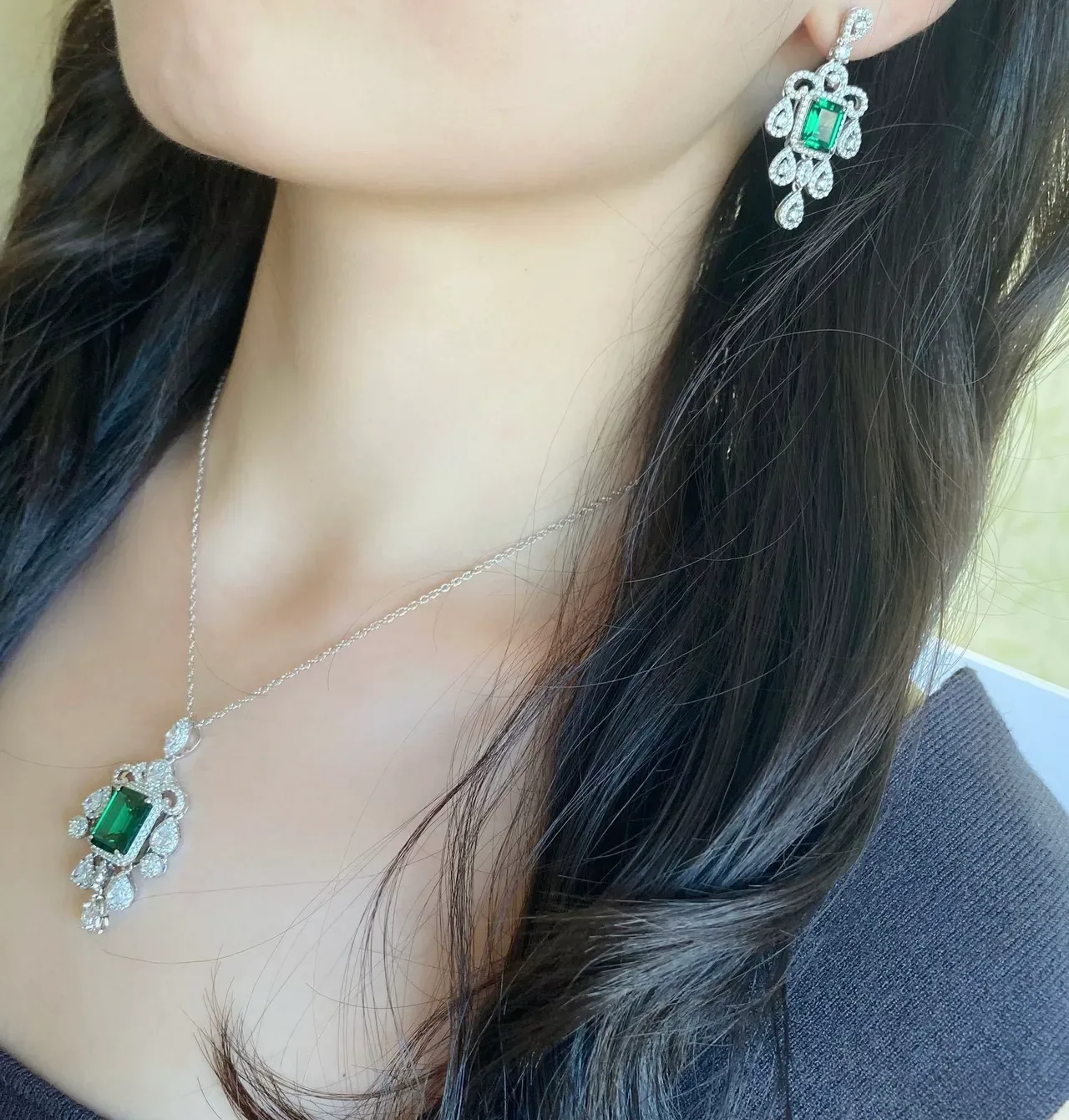 Green Silver Emerald-Cut Gemstone Pavé-Set White Stones Earrings 9