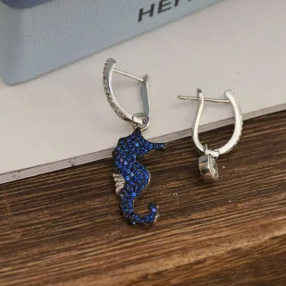 HEFANG Blue Silver Pavé-Set Seahorse Charm Hinged Lever-Back Hoop Earrings