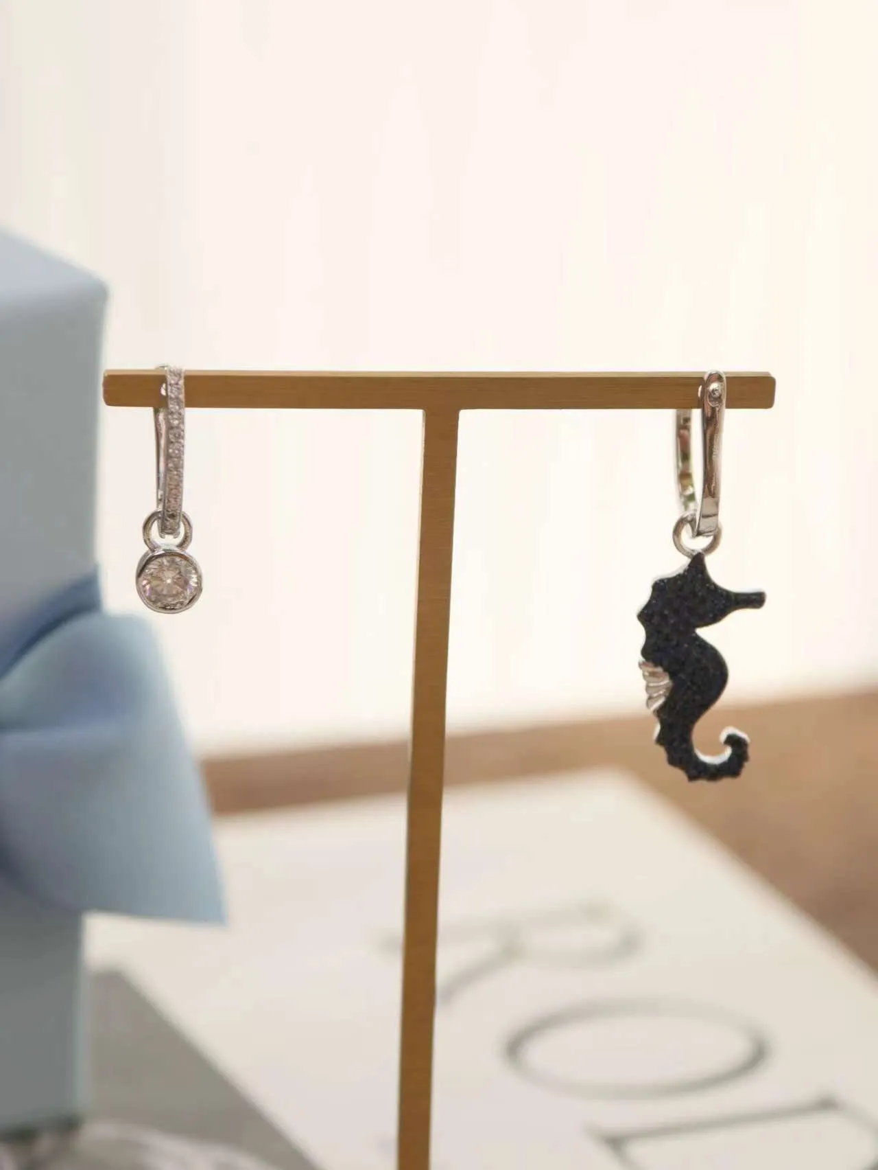 HEFANG Blue Silver Pavé-Set Seahorse Charm Hinged Lever-Back Hoop Earrings 2