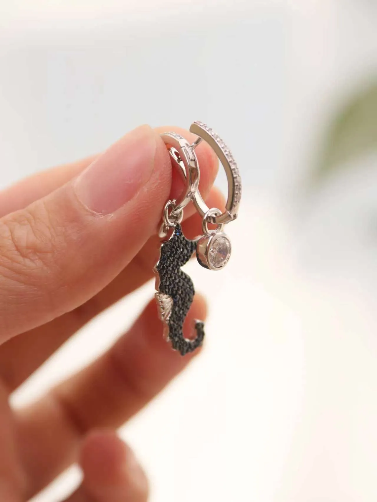 HEFANG Blue Silver Pavé-Set Seahorse Charm Hinged Lever-Back Hoop Earrings 3