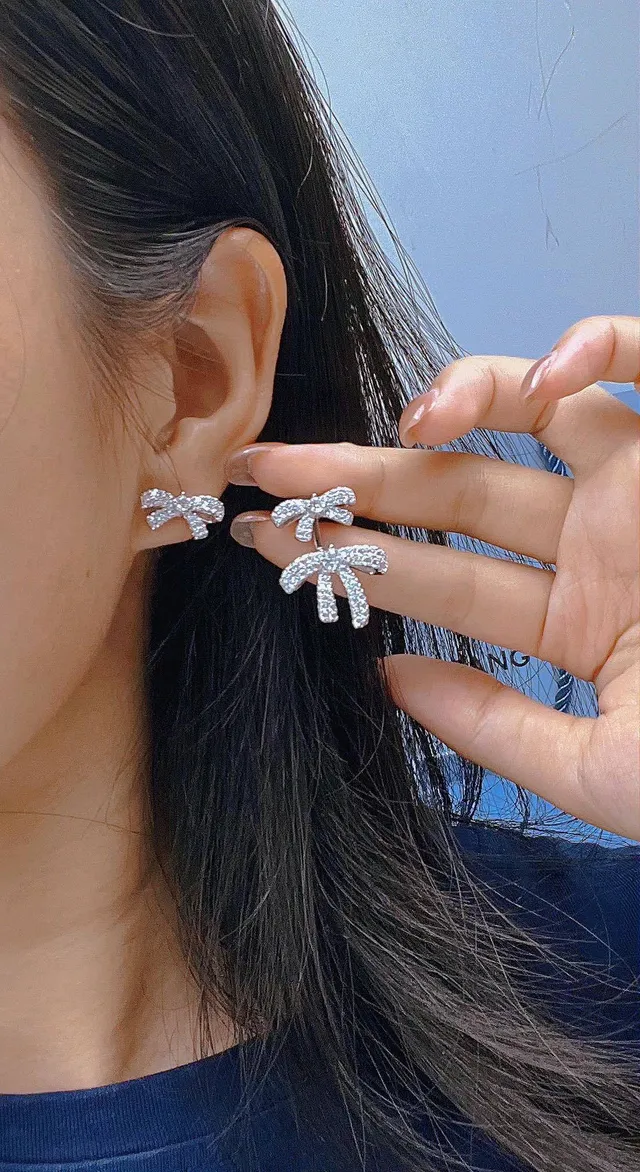 HEFANG Bow Motif Pavé Crystal Stud Earrings 2