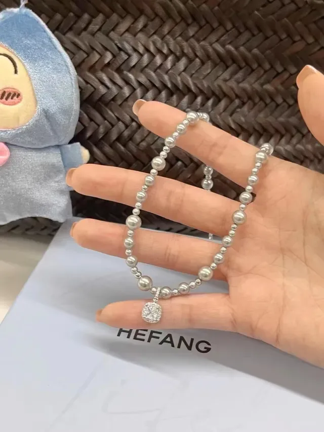 HEFANG Silver Gray Beaded Chain Spherical Metallic Beads Necklace 6