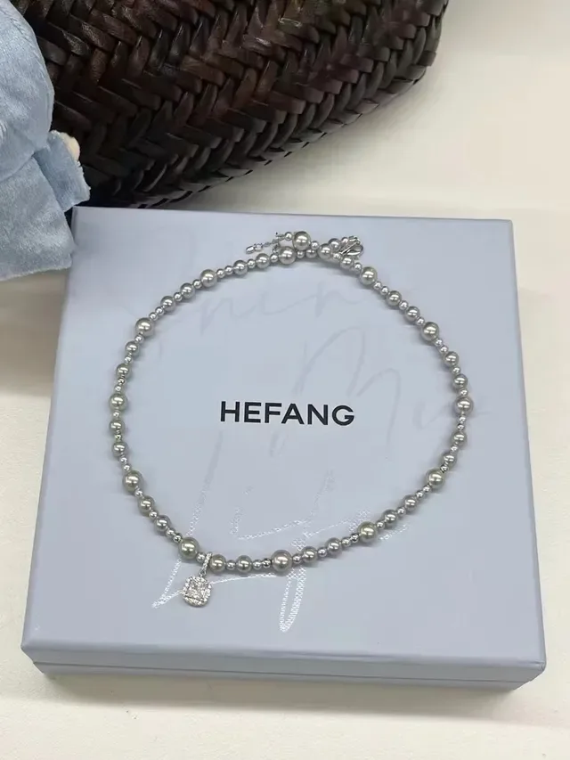 HEFANG Silver Gray Beaded Chain Spherical Metallic Beads Necklace 9