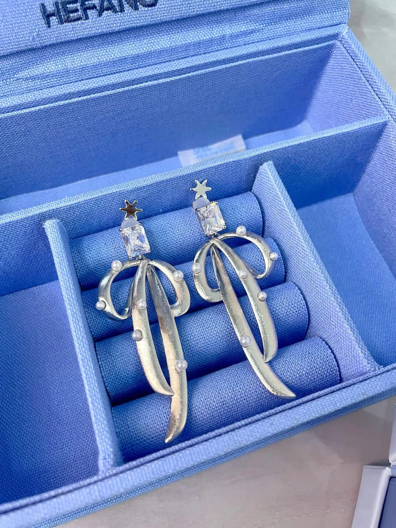 HEFANG Silver-Tone Crystal and Pearl Leaf Drop Earrings 5
