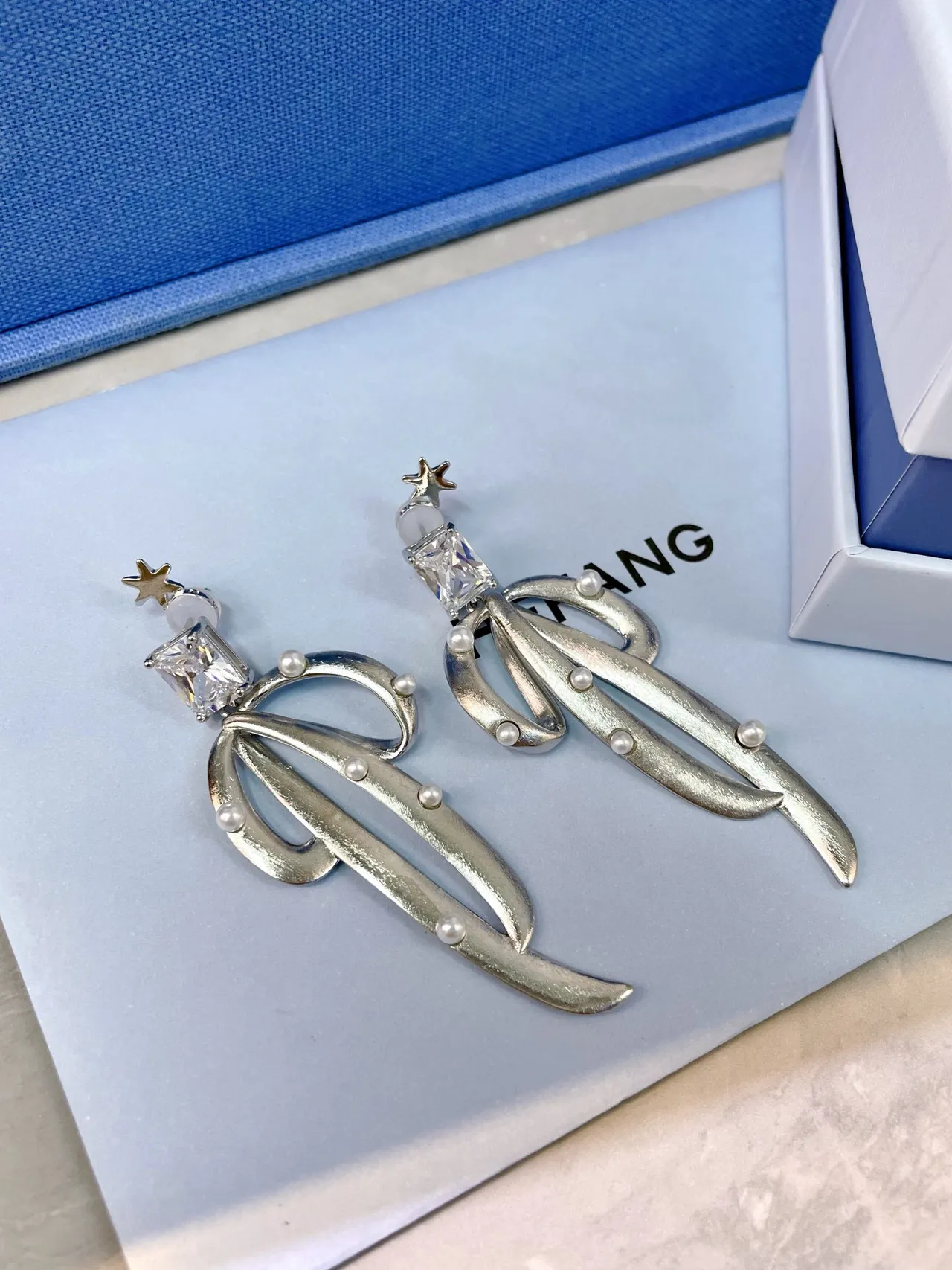 HEFANG Silver-Tone Crystal and Pearl Leaf Drop Earrings 6