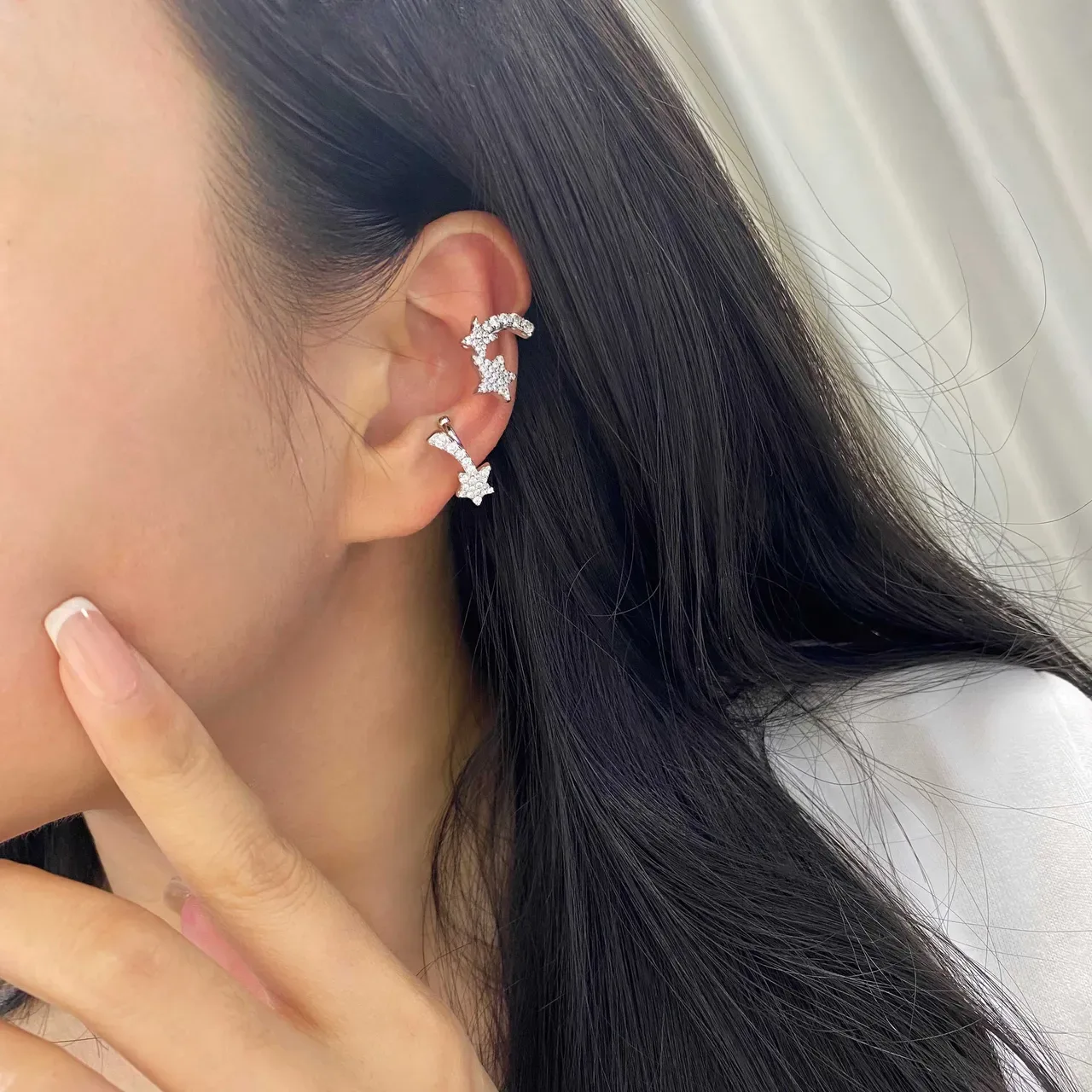 HEFANG Silver Transparent Pavé-Set Celestial Motif Earrings 2