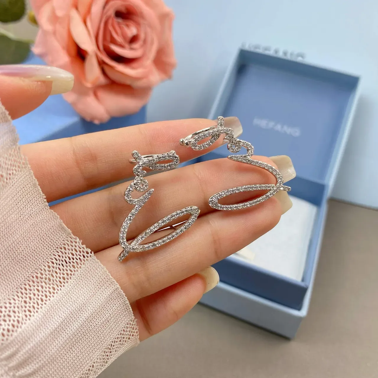 HEFANG Silver White Pavé Crystal-Encrusted Asymmetrical Script Silhouette Earrings 3