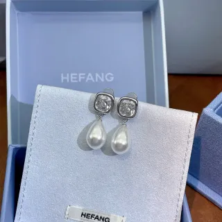 HEFANG Square Crystal and Teardrop Pearl Drop Earrings