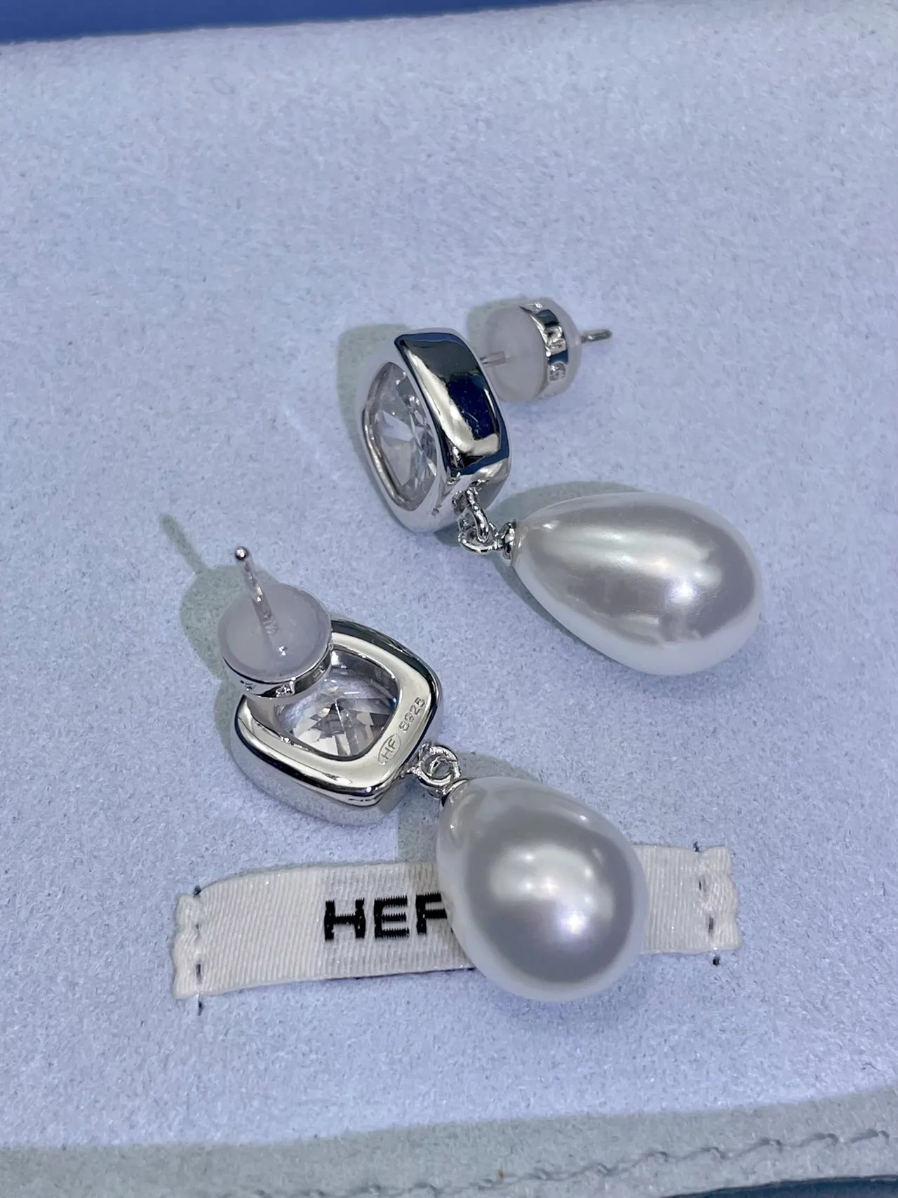 HEFANG Square Crystal and Teardrop Pearl Drop Earrings 4