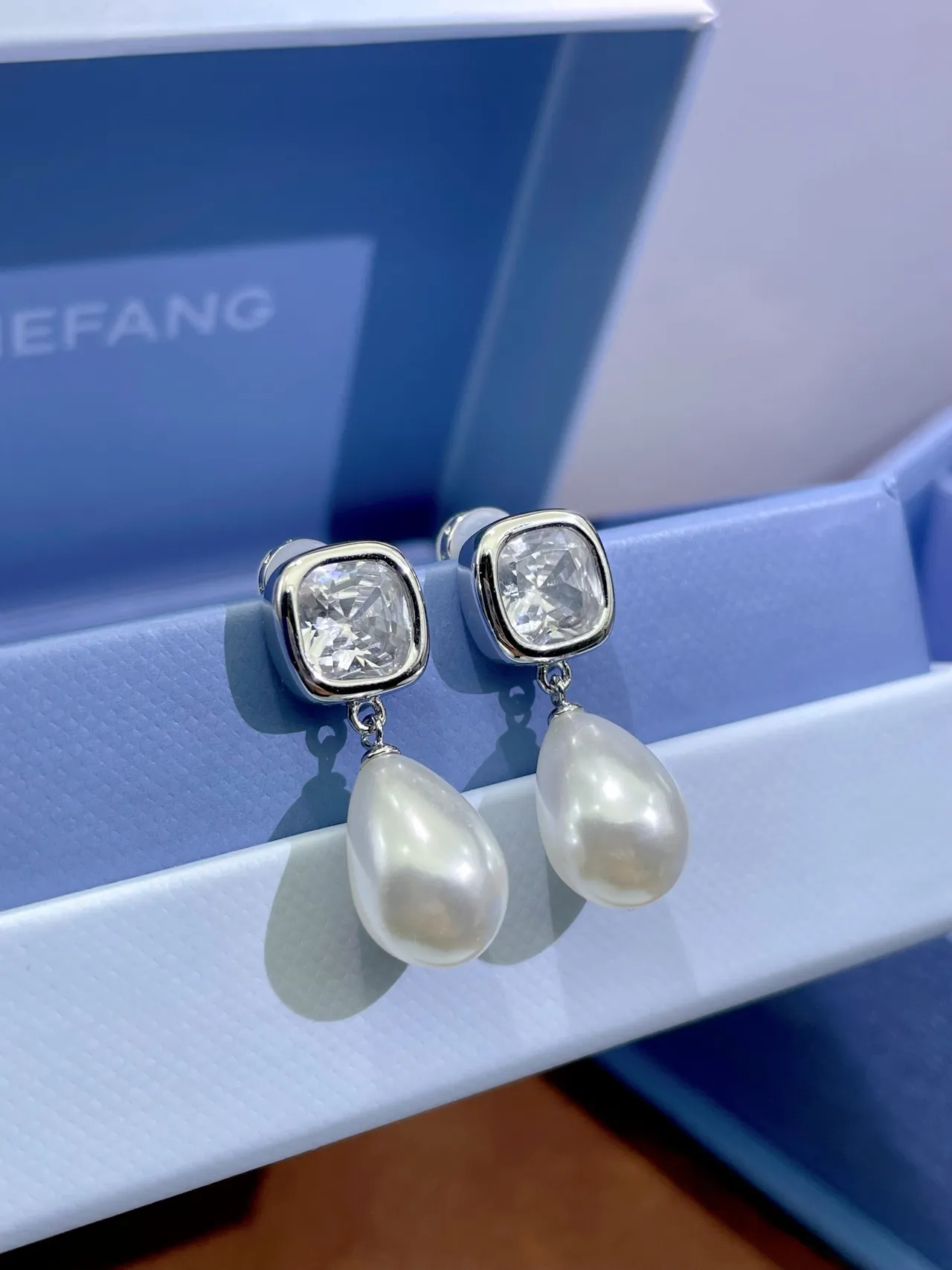 HEFANG Square Crystal and Teardrop Pearl Drop Earrings 6