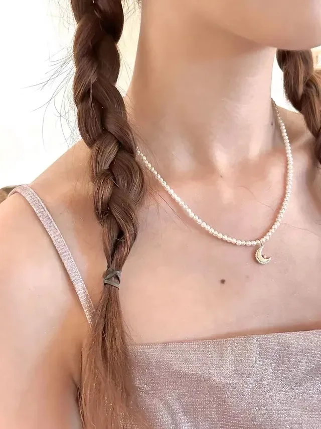 HEFANG White Gold Pearl Strand Crescent Moon Pendant Necklace 2