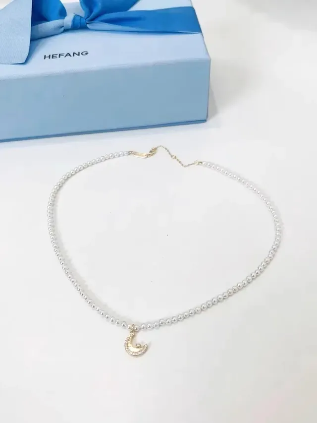 HEFANG White Gold Pearl Strand Crescent Moon Pendant Necklace 4