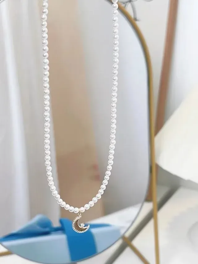 HEFANG White Gold Pearl Strand Crescent Moon Pendant Necklace 5