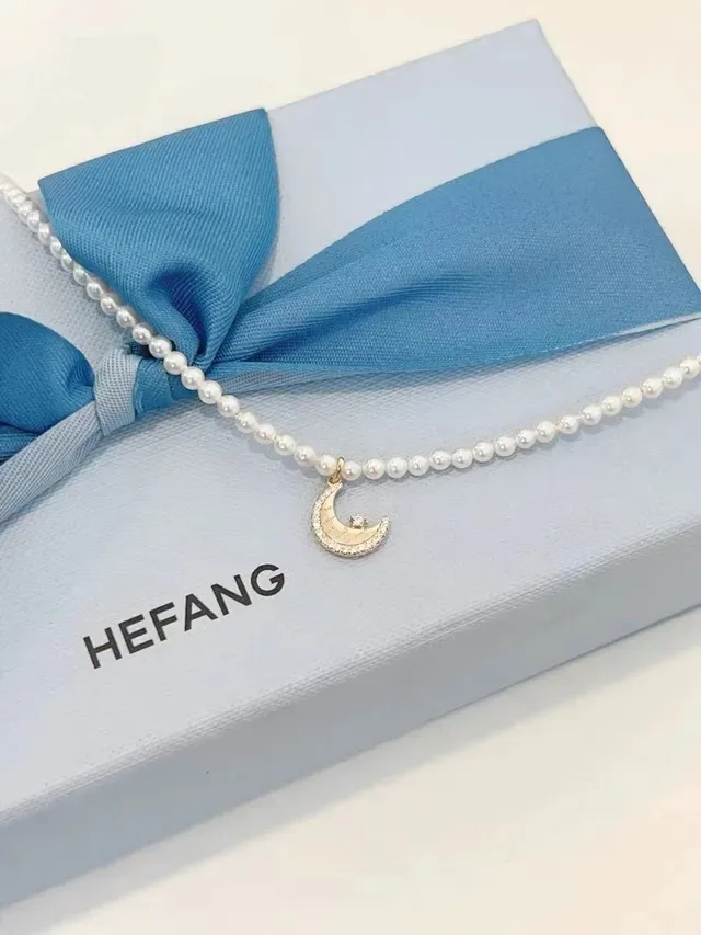 HEFANG White Gold Pearl Strand Crescent Moon Pendant Necklace 6