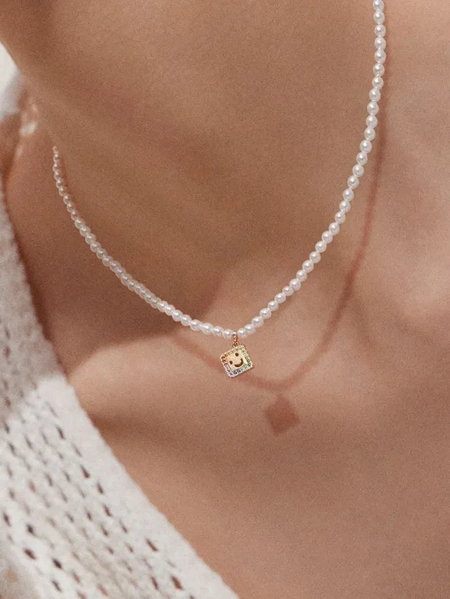 HEFANG White Gold Pearl Strand Smiley Face Charm Bracelet 6