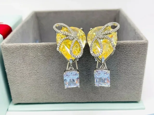 HEFANG Yellow Gemstone Bow Motif Drop Earrings 7