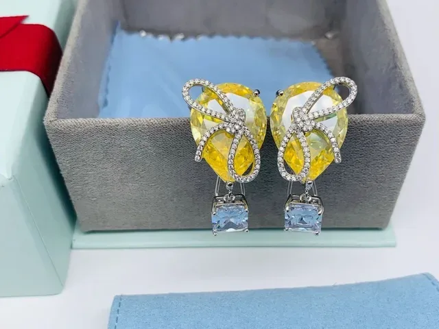 HEFANG Yellow Gemstone Bow Motif Drop Earrings 8