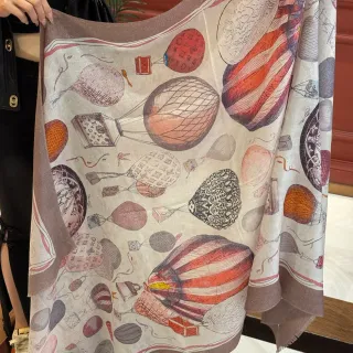 Illustrated Hot Air Balloon Print Sheer Silk Scarf