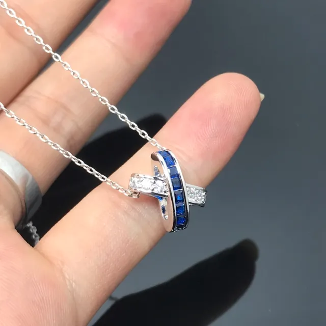 Interlocking Double-Band Sapphire and Diamond Pendant Necklace 2