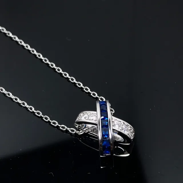 Interlocking Double-Band Sapphire and Diamond Pendant Necklace 3