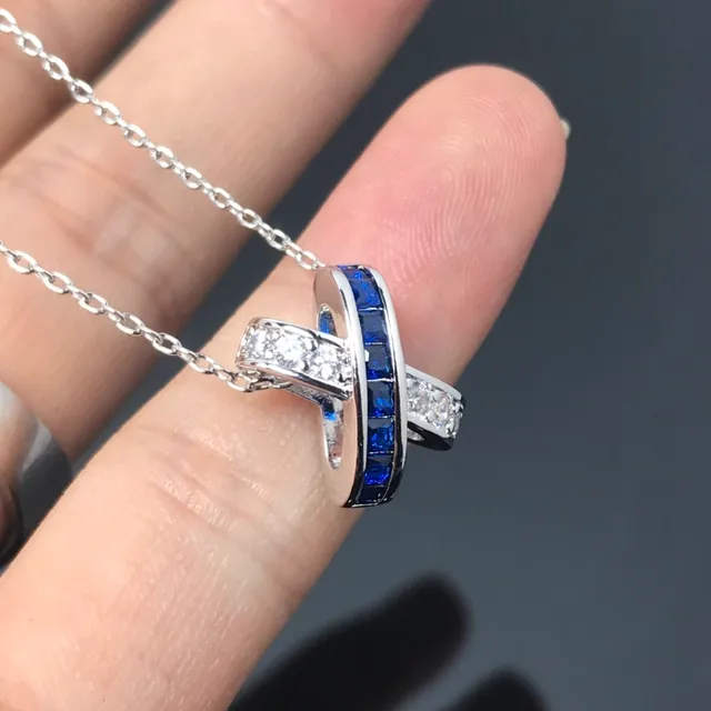 Interlocking Double-Band Sapphire and Diamond Pendant Necklace 4
