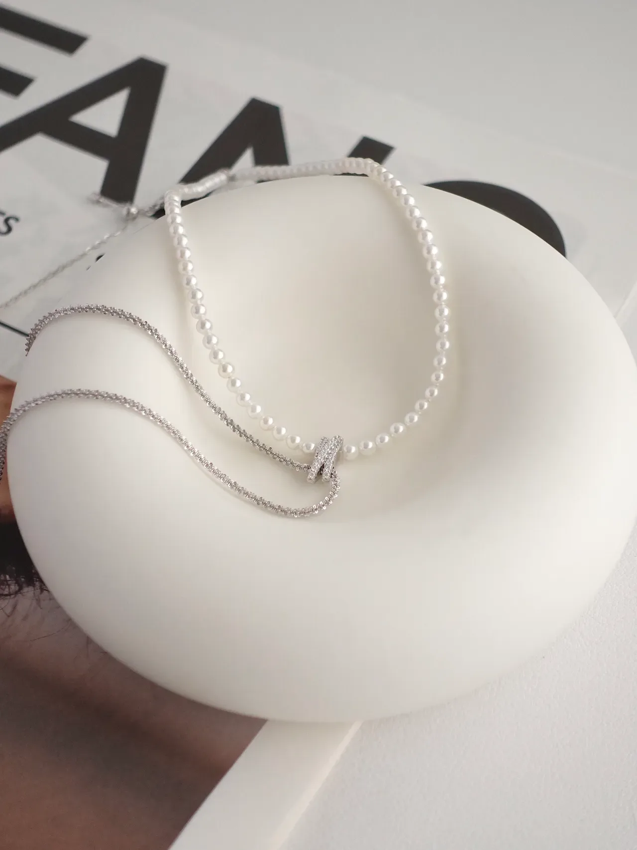 Layered Pearl and Pavé Diamond Knot Clasp Choker Necklace 2