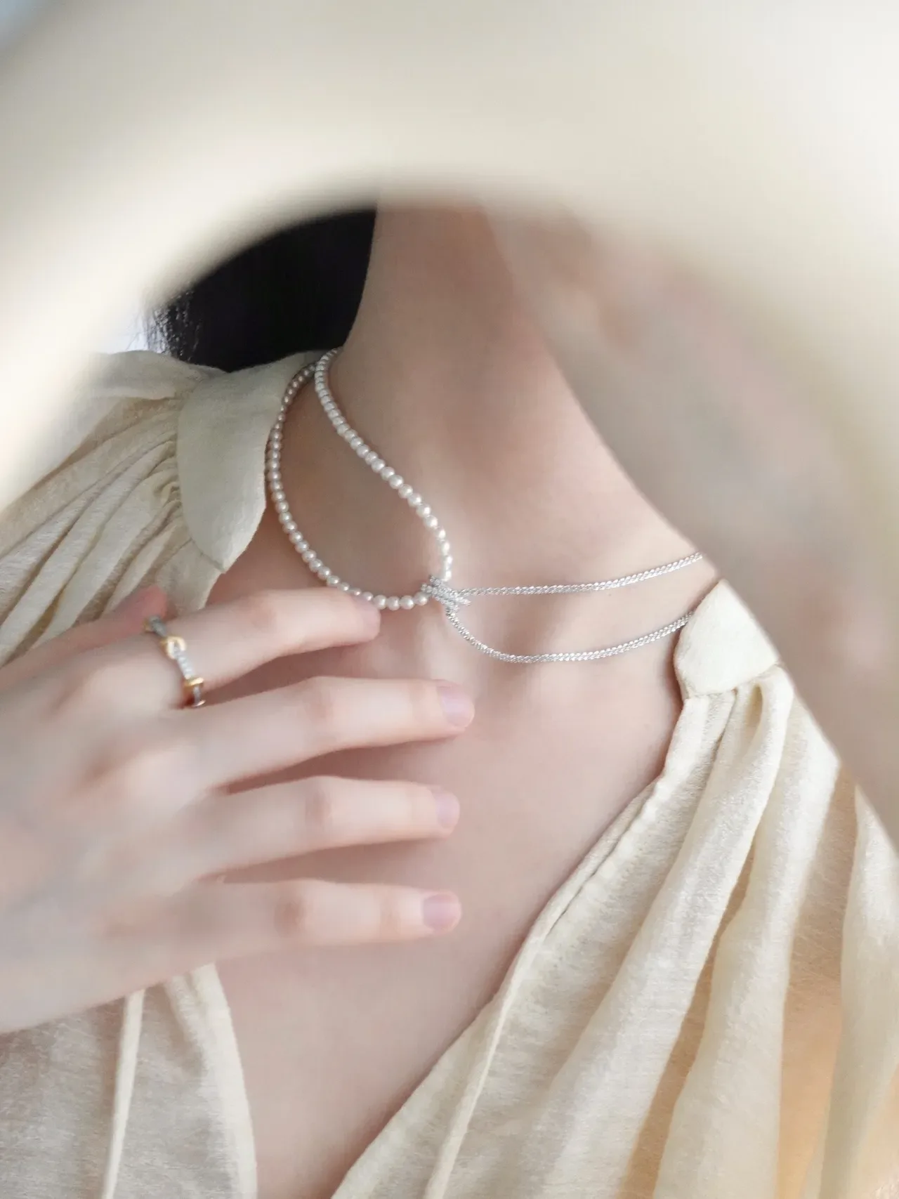 Layered Pearl and Pavé Diamond Knot Clasp Choker Necklace 3