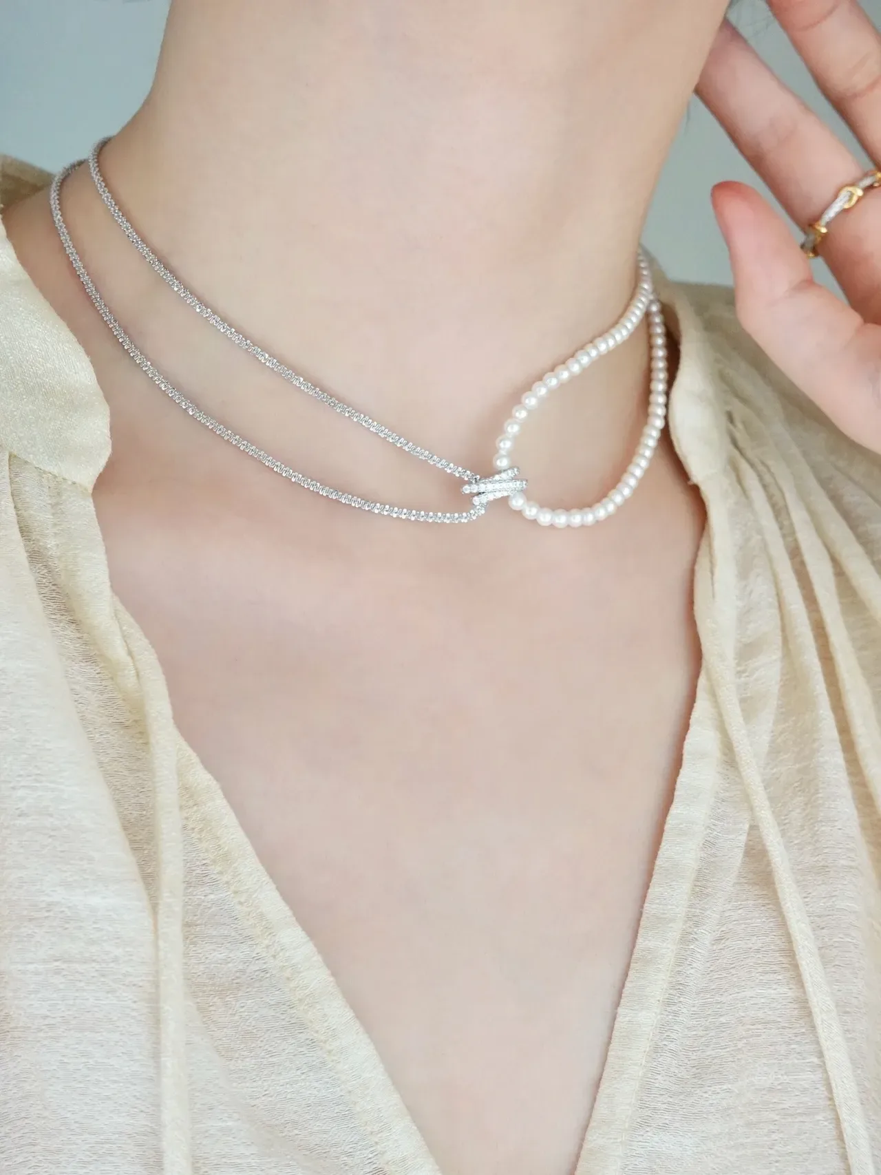 Layered Pearl and Pavé Diamond Knot Clasp Choker Necklace 4