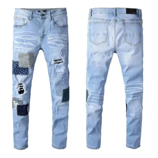 Light-Wash Distressed Patchwork Slim-Fit Jeans