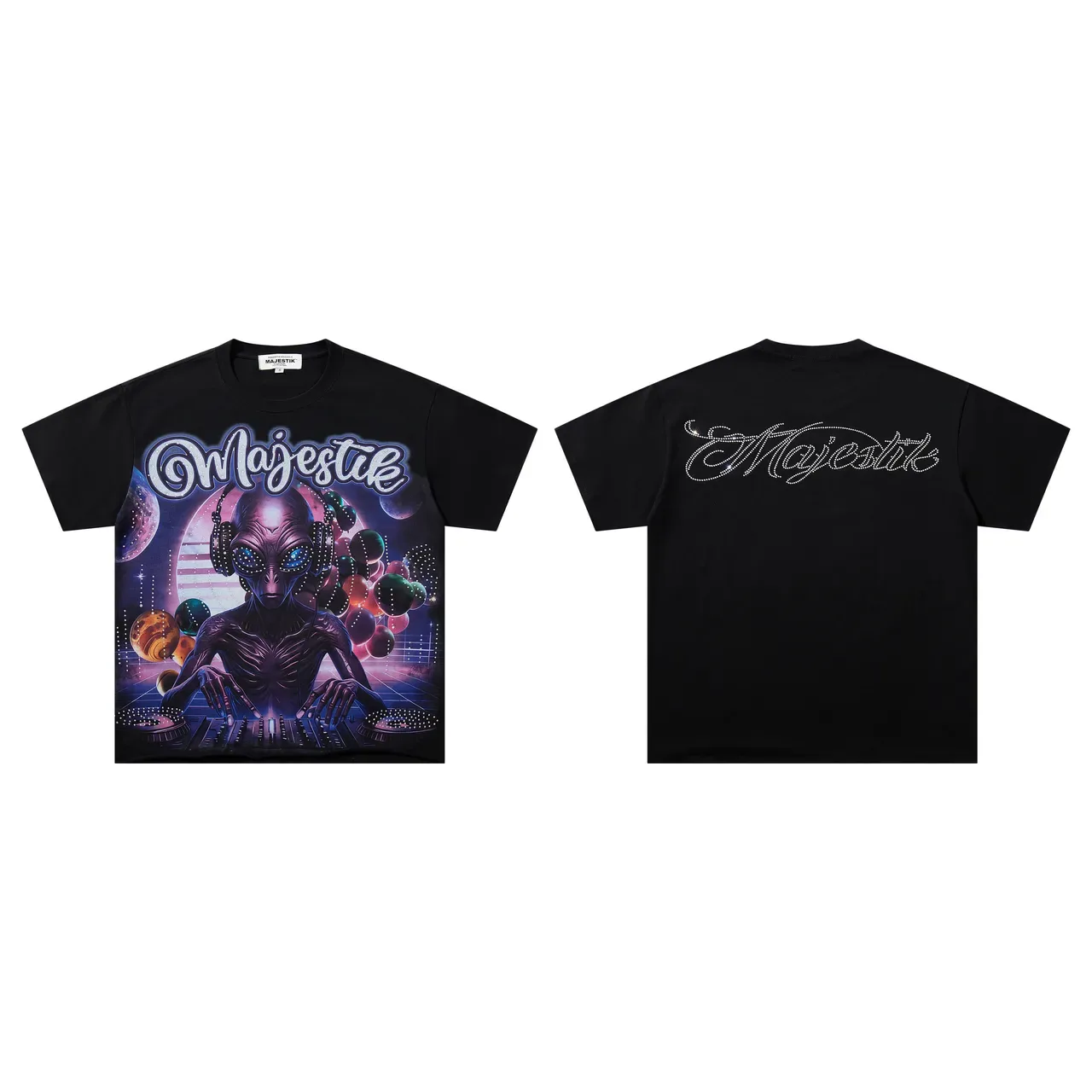 Majestik Alien DJ Graphic Rhinestone Logo Black T-Shirt 2