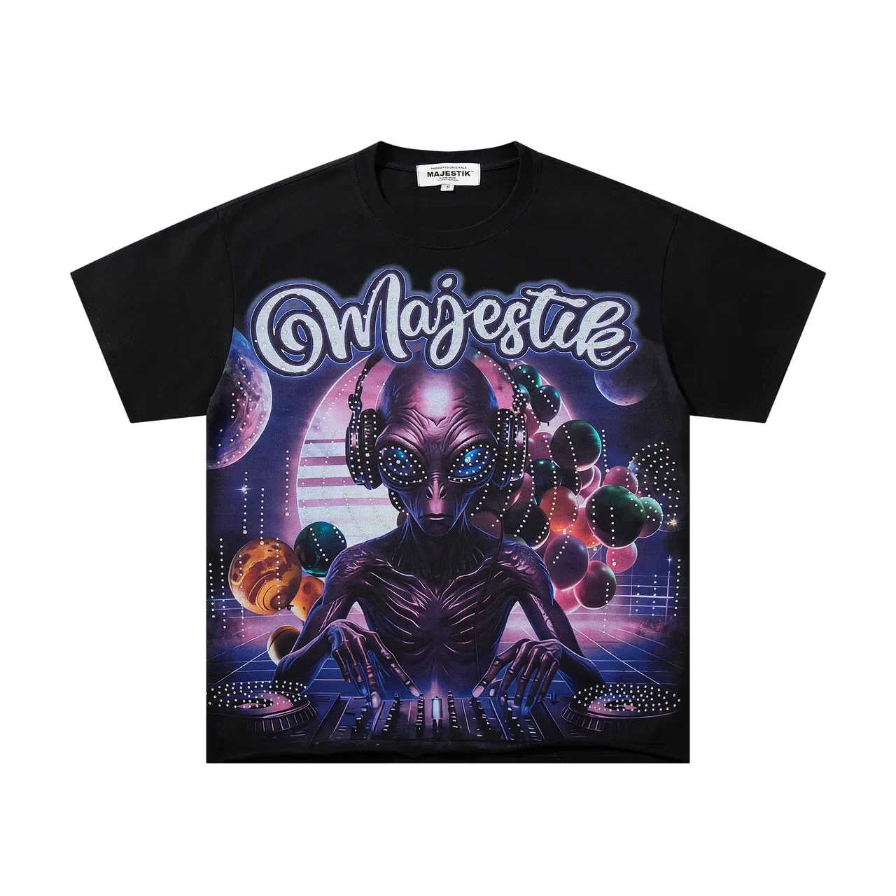 Majestik Alien DJ Graphic Rhinestone Logo Black T-Shirt 4