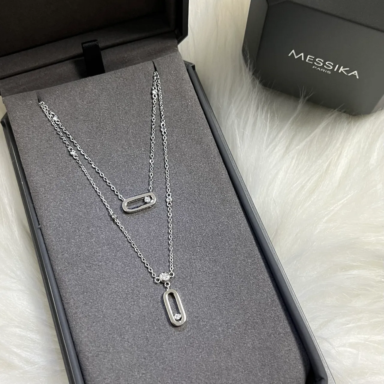 Messika Pavé Oval Pendant Dual-Layer Chain Necklaces 4