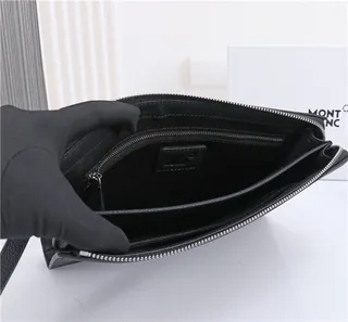 Montblanc Black Silver Rectangular Silhouette Grained Leather Texture Wristlet 2