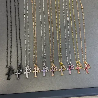 Multicolor Cross Pendant Pave-Set Gemstones Necklace