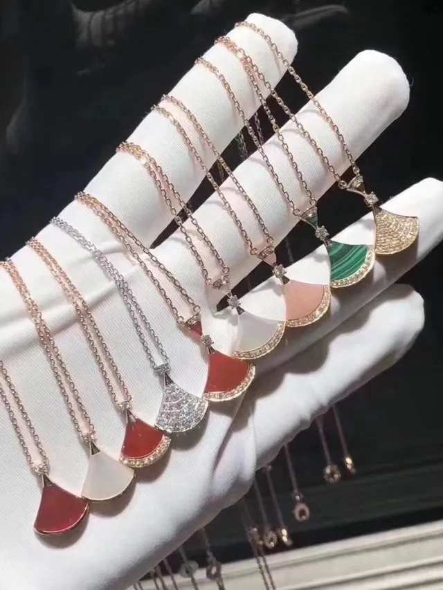 Multicolor Gold Fan-Shaped Pendant Pavé-Set Stones Necklace 1