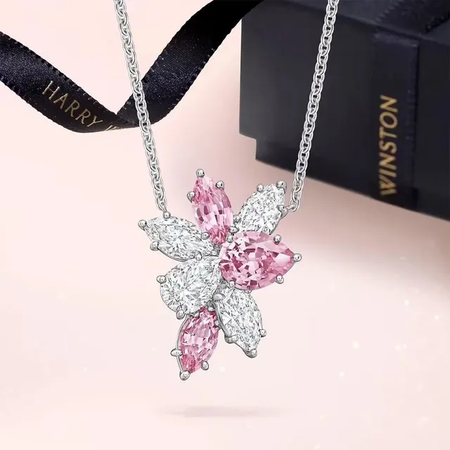 Multicolor Silver Flower-Shaped Pendant Marquise-Cut Stones Necklace 3