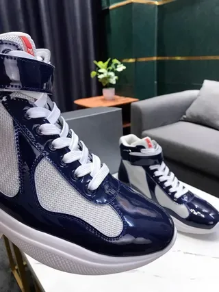 Navy and White Patent Mesh High-Top Platform Sneakers 2