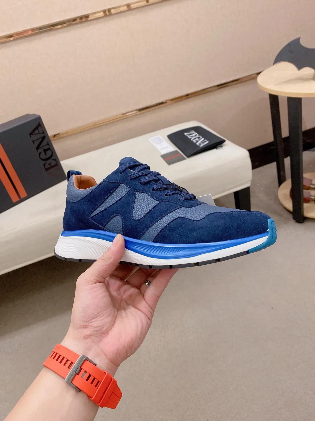 Navy Blue and Bright Blue Mixed-Material Lifestyle Sneaker 4