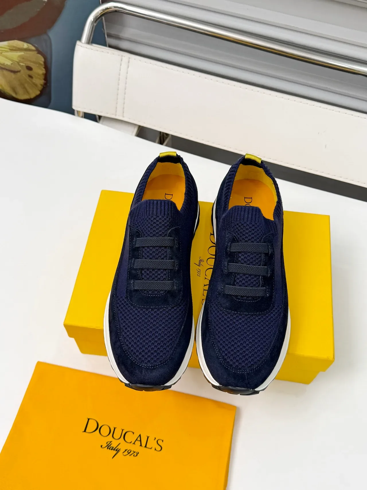 Navy Blue Knit and Suede Laceless Slip-On Lifestyle Sneakers 4