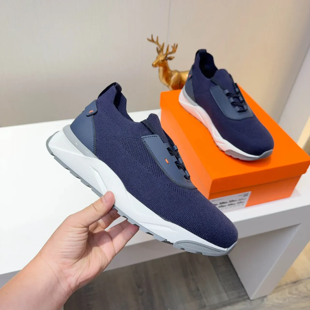 Navy Blue Knit Upper Contrast Overlay Sneakers 2