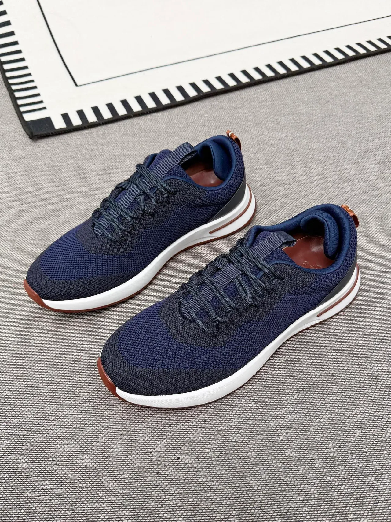 Navy Brown Knit Upper Contrast White Midsole Sneakers 2